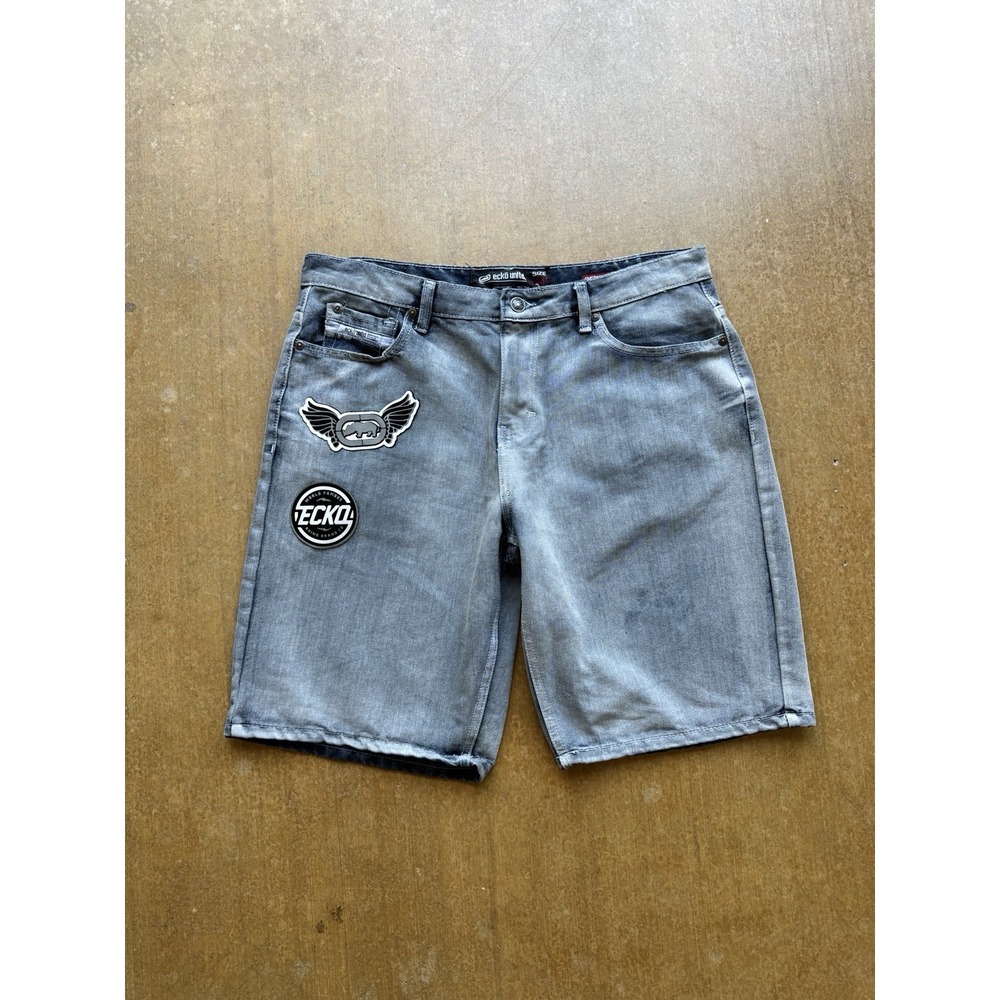 Ecko Unltd Baggy Denim Jorts Patches Skater Y2K Surfer Relaxed 34W Blue